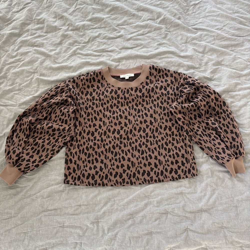 ANTHRO Blue Tassel Balloon Sleeve Cheetah Sweatshirt MED